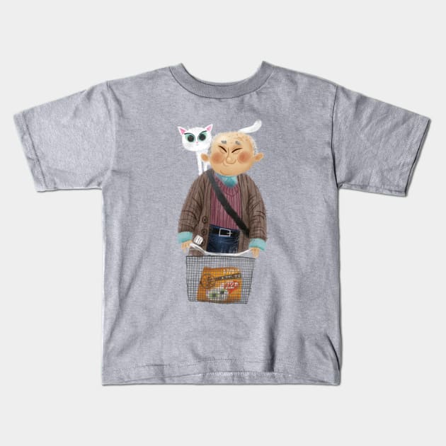 Old chinese man with cat on a bike. Kids T-Shirt by Geeksarecool